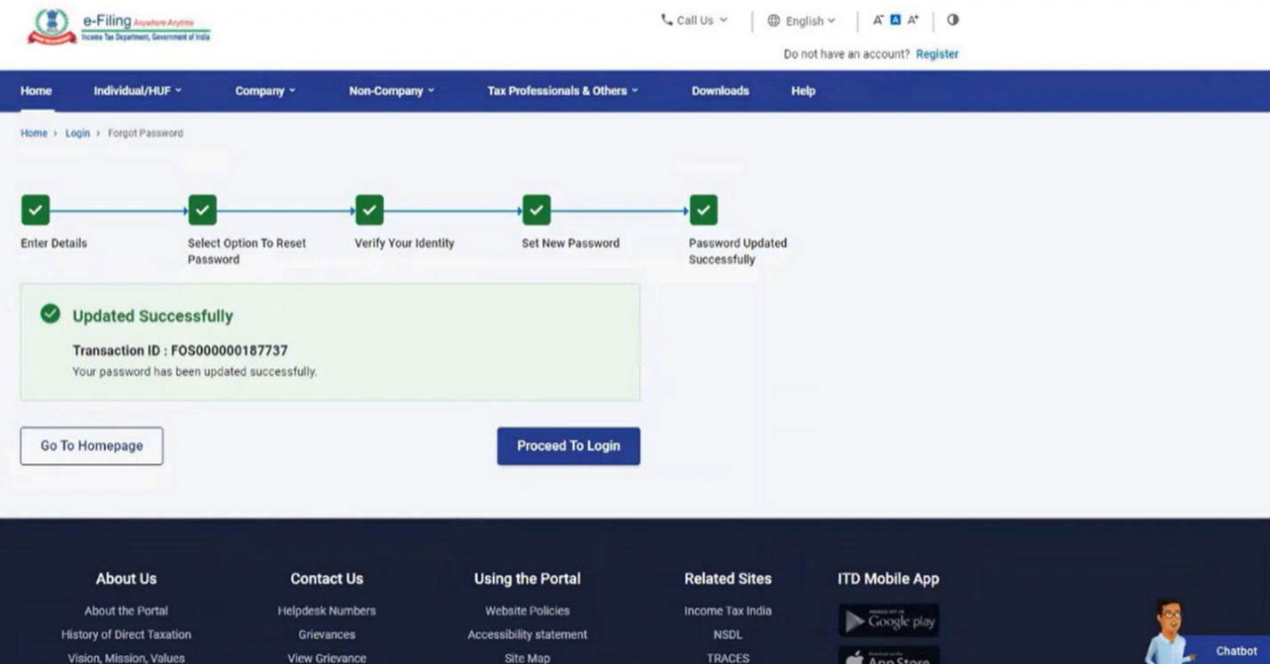 Password reset success confirmation with Transaction ID