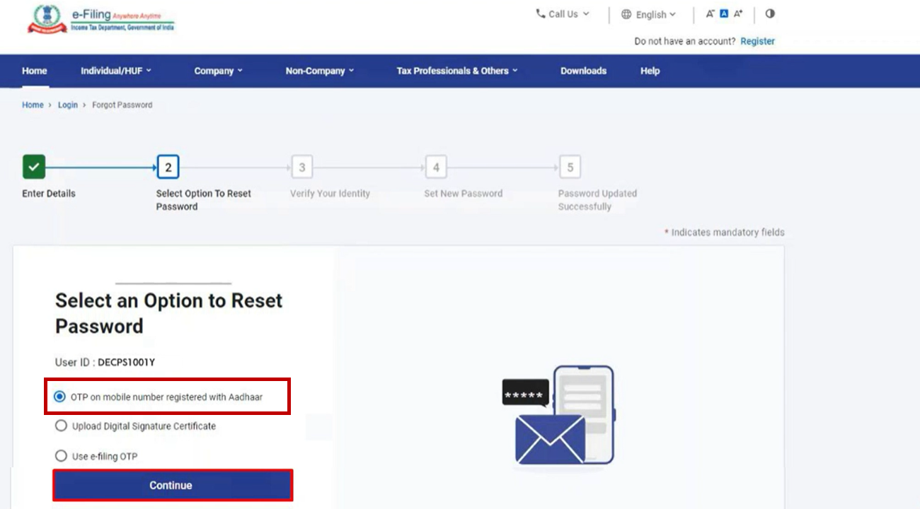 Select the Aadhaar OTP reset option